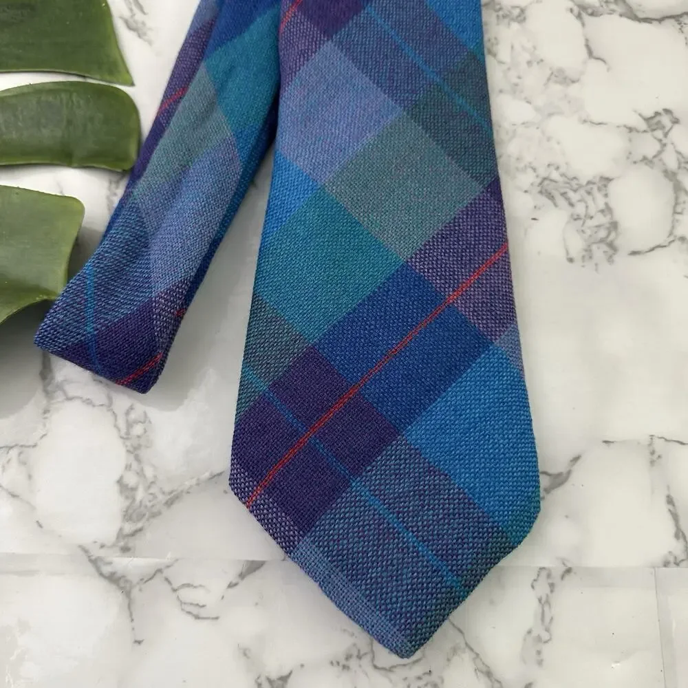 CTC Mens Vintage 80s Wool Neck Tie Made in Ireland Blue Purple Plaid Tweed